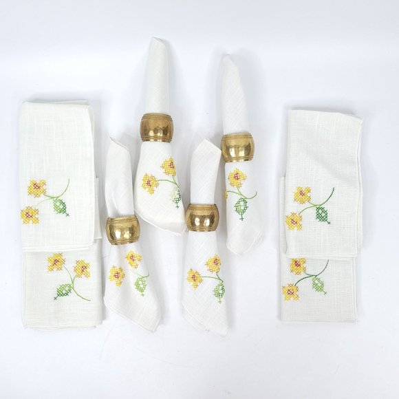 Set of 8 Embroidered Napkins 4 Napkin Rings STAIN READ Floral Cross Stitch - Picture 2 of 6